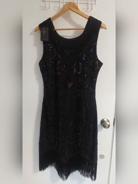 Beaded Fringe Sleeveless Midi Dress - Black